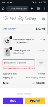 The Pink Tulip Clothing coupon verification screenshot