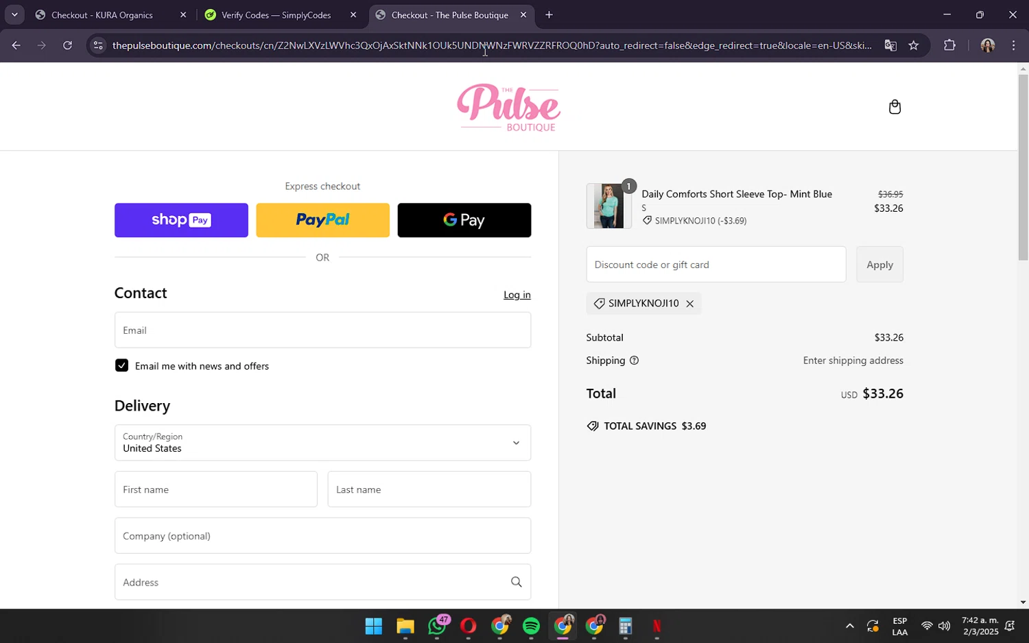 The Pulse Boutique coupon code screenshot showing code SIMPLYKNOJI10 applied at The Pulse Boutique checkout page. Uploaded by SimplyCodes community member OliviaRodrigo on Mar 2, 2025