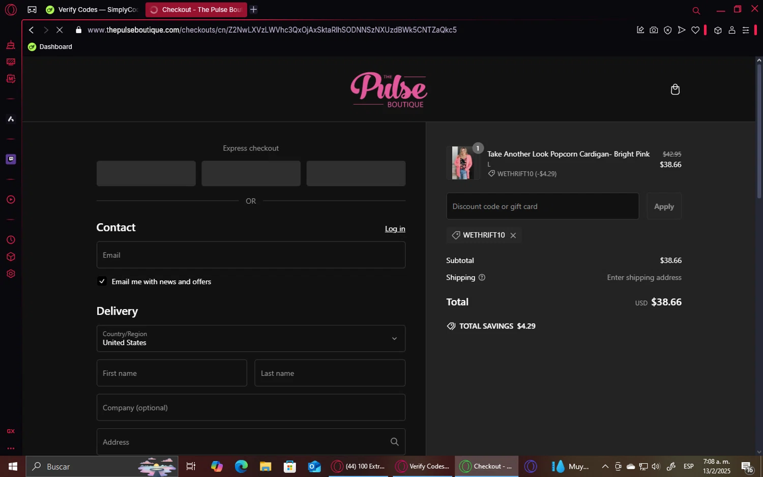 The Pulse Boutique coupon code screenshot showing code WETHRIFT10 applied at The Pulse Boutique checkout page. Uploaded by SimplyCodes community member GoldHawk6293 on Feb 13, 2025