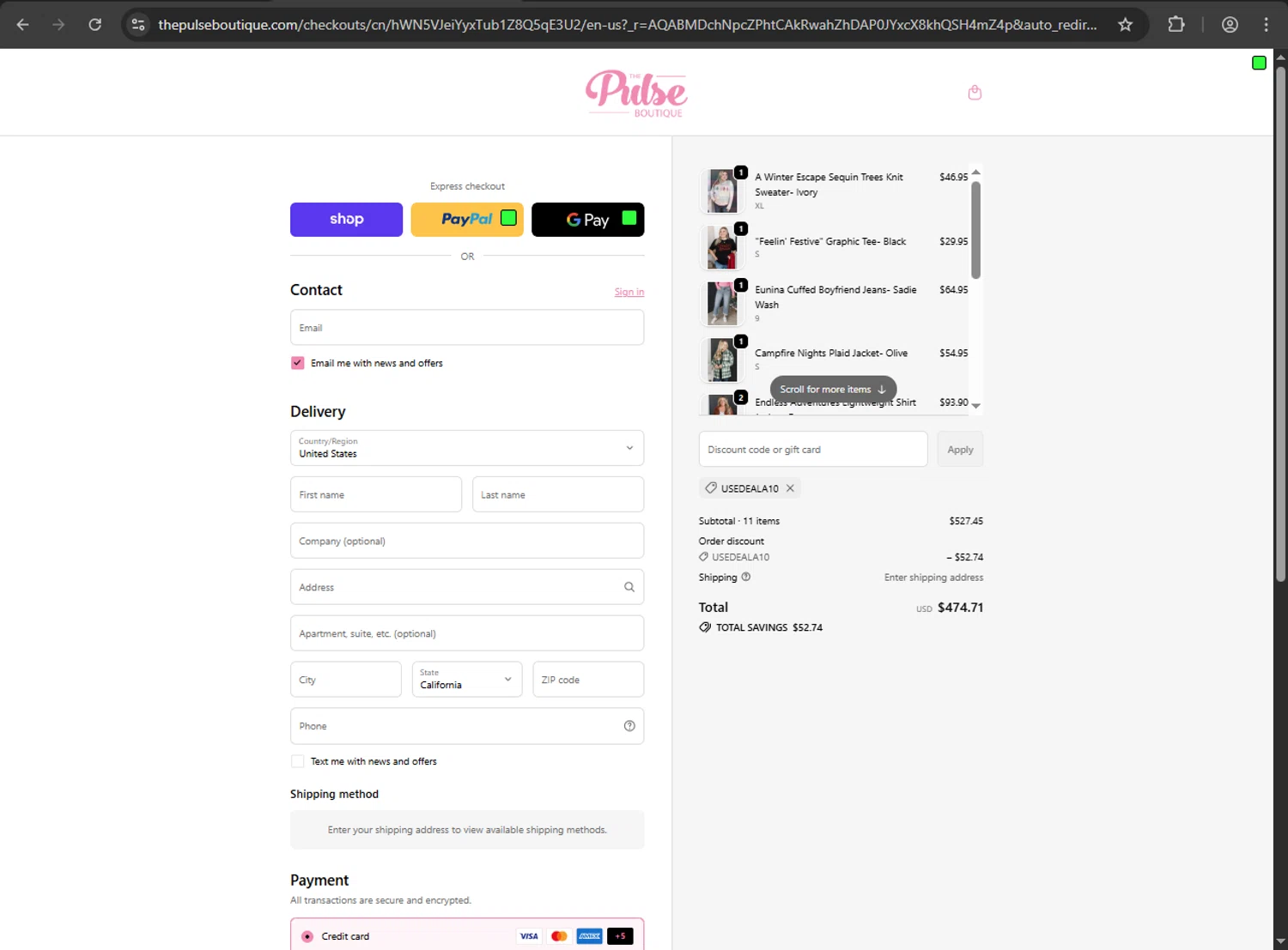 The Pulse Boutique coupon code screenshot showing code USEDEALA10 applied at The Pulse Boutique checkout page. Uploaded by SimplyCodes community member Niideamrk on Nov 20, 2025