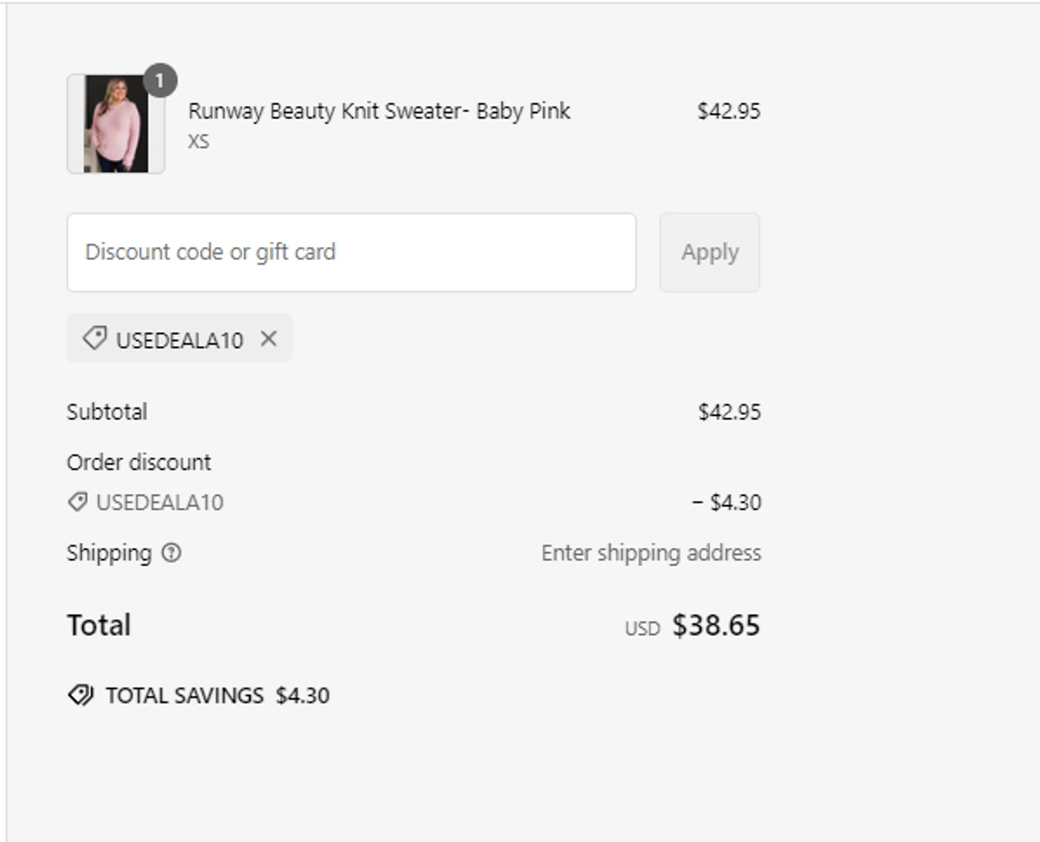 The Pulse Boutique coupon code screenshot showing code USEDEALA10 applied at The Pulse Boutique checkout page. Uploaded by SimplyCodes community member shooou on Feb 11, 2025