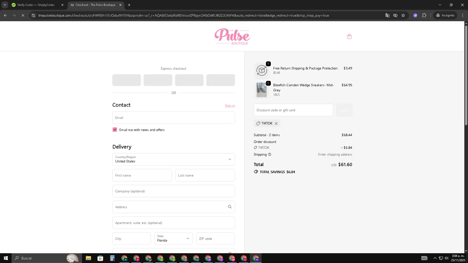 The Pulse Boutique coupon code screenshot showing code TIKTOK applied at The Pulse Boutique checkout page. Uploaded by SimplyCodes community member CRF250CC on Nov 25, 2025