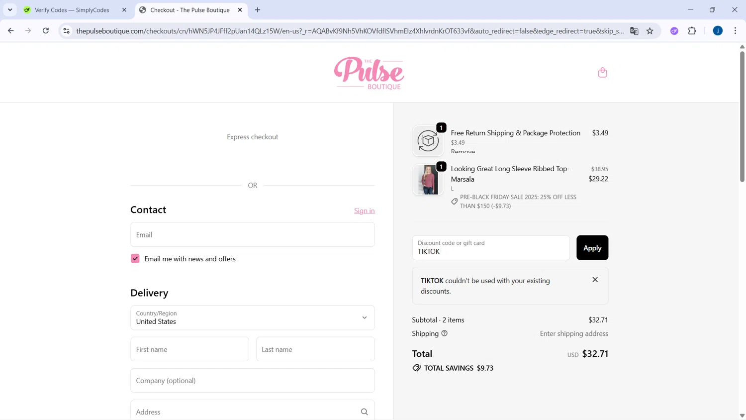 The Pulse Boutique coupon code screenshot showing code TIKTOK applied at The Pulse Boutique checkout page. Uploaded by SimplyCodes community member CodeSaver4373 on Nov 15, 2025