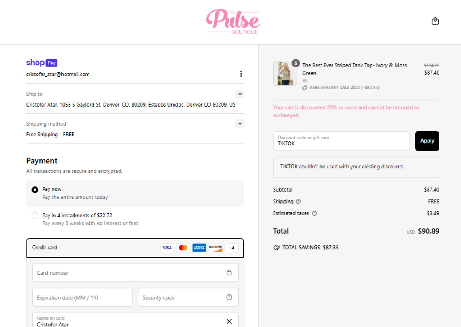 The Pulse Boutique coupon code screenshot showing code TIKTOK applied at The Pulse Boutique checkout page. Uploaded by SimplyCodes community member FundoSinai on Jun 16, 2025