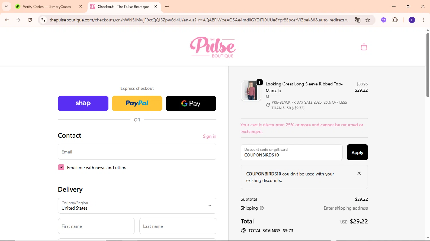 The Pulse Boutique coupon code screenshot showing code COUPONBIRDS10 applied at The Pulse Boutique checkout page. Uploaded by SimplyCodes community member EpicWarden3081 on Nov 15, 2025