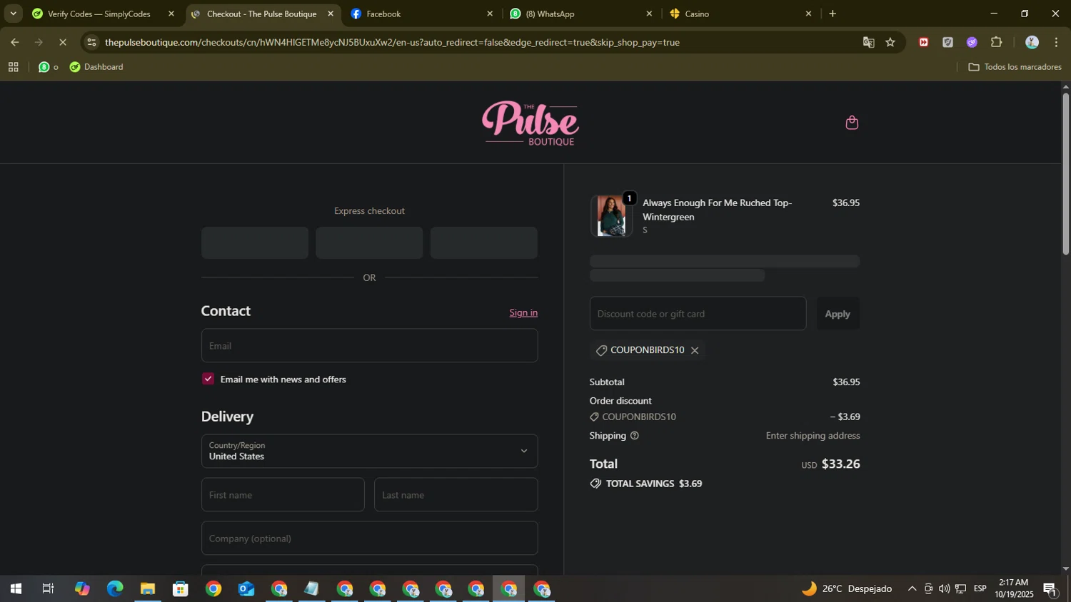 The Pulse Boutique coupon code screenshot showing code COUPONBIRDS10 applied at The Pulse Boutique checkout page. Uploaded by SimplyCodes community member PromoTitan1625 on Oct 19, 2025