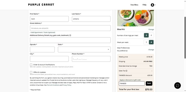 Purple Carrot checkout page showing Purple Carrot discount code box | Screenshot taken by SimplyCodes community member on Jul 24, 2025