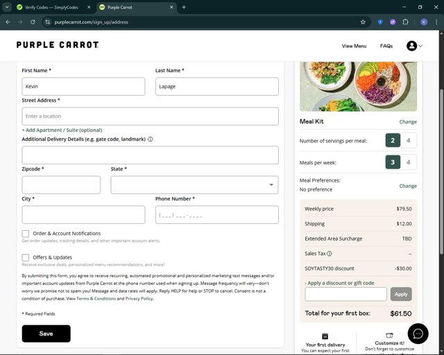 Purple Carrot checkout page showing Purple Carrot discount code box | Screenshot taken by SimplyCodes community member on Jul 24, 2025
