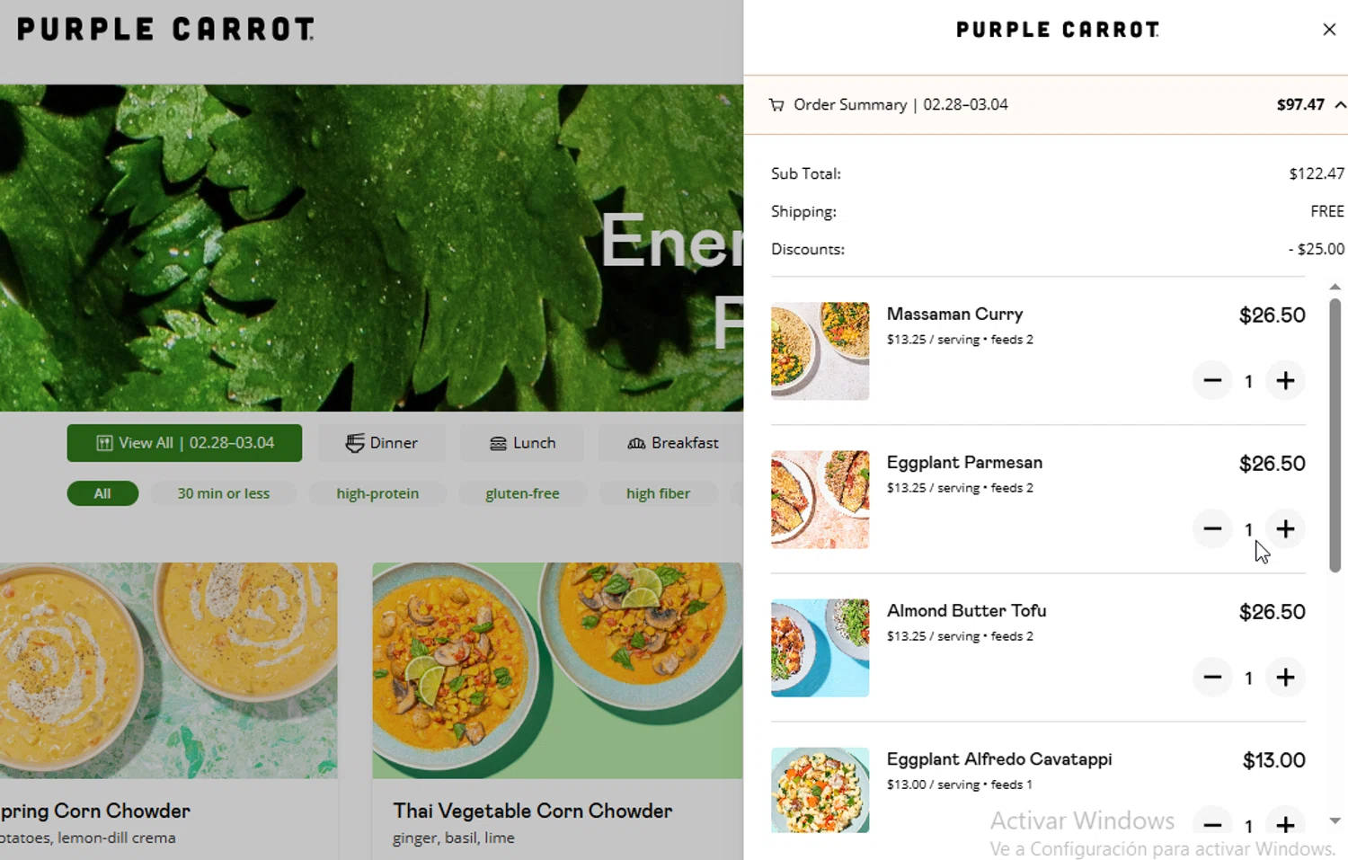 Purple Carrot promo code screenshot showing code Grow200 applied at Purple Carrot checkout page. Uploaded by SimplyCodes community member ligthYA on Feb 20, 2026