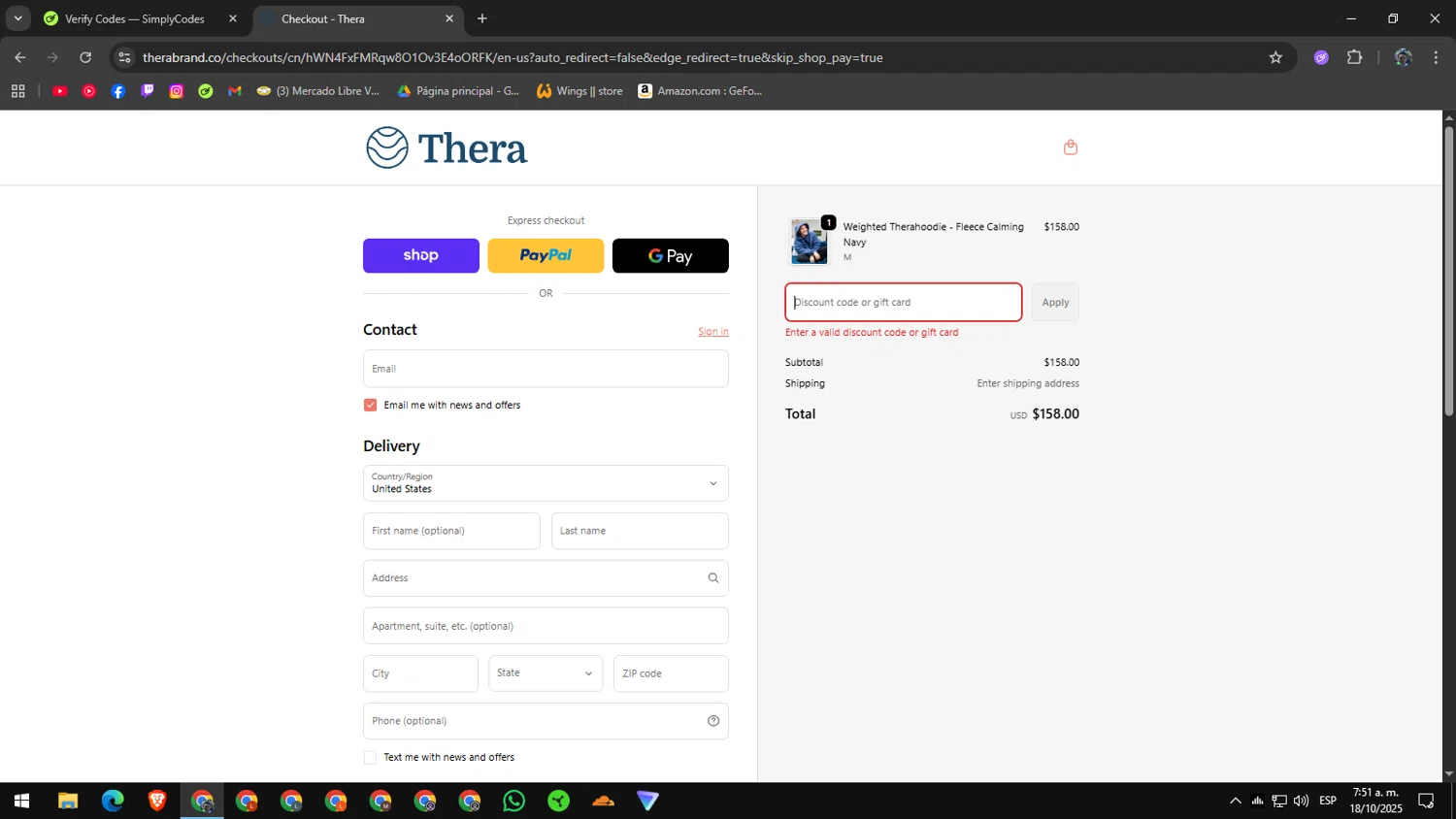 Thera discount code screenshot showing code BR3P693Q applied at Thera checkout page. Uploaded by SimplyCodes community member RoyalAdmiral1682 on Oct 18, 2025