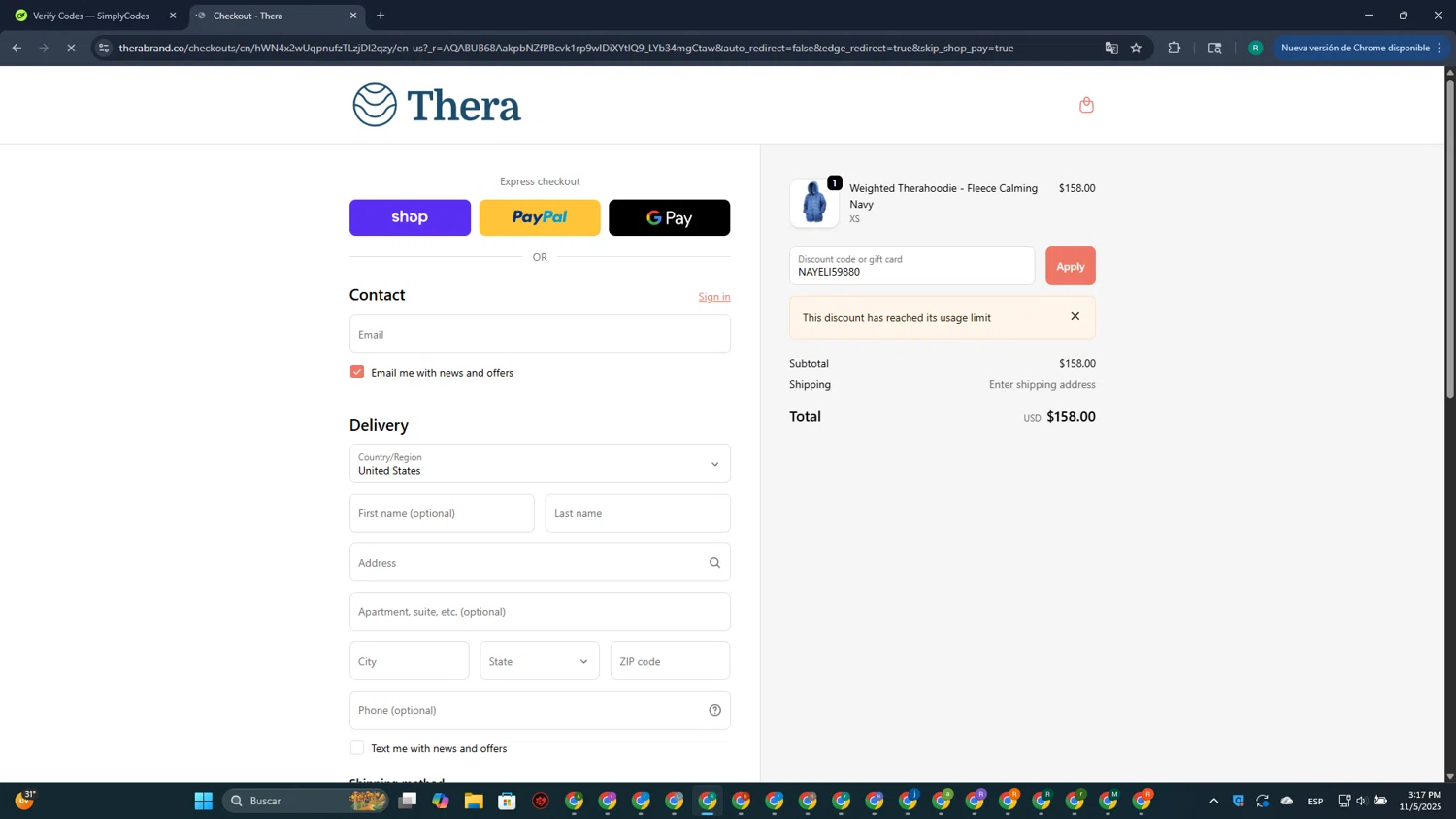 Thera discount code screenshot showing code NAYELI59880 applied at Thera checkout page. Uploaded by SimplyCodes community member CleverCurator1217 on Nov 5, 2025