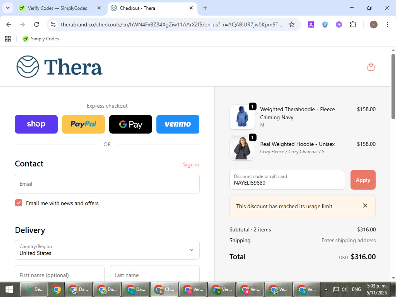 Thera discount code screenshot showing code NAYELI59880 applied at Thera checkout page. Uploaded by SimplyCodes community member RewardRanger298 on Nov 5, 2025