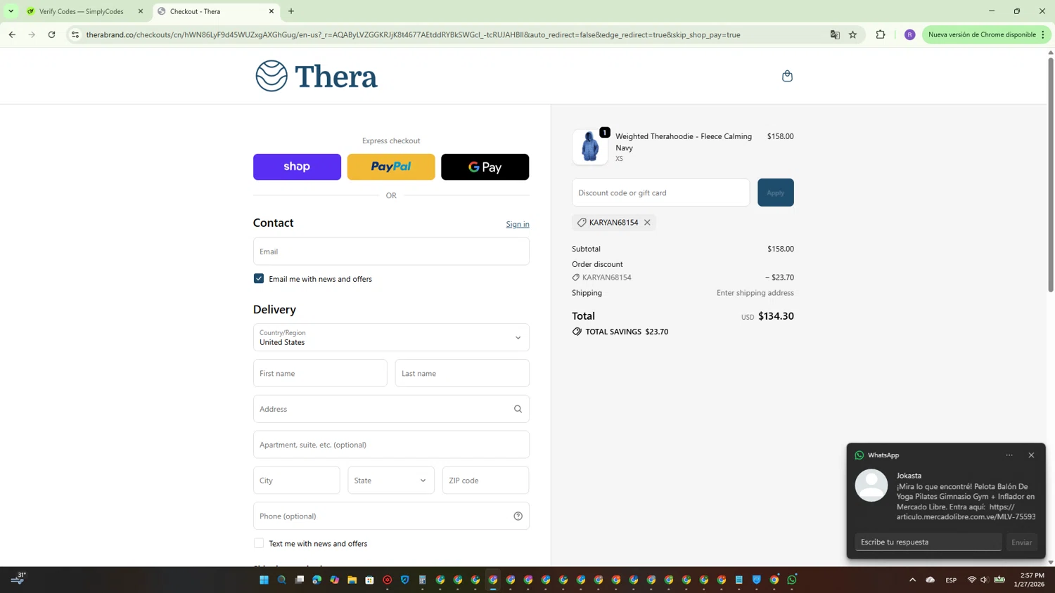 Thera checkout page showing Thera discount code box | Screenshot taken by SimplyCodes community member on Jan 27, 2026