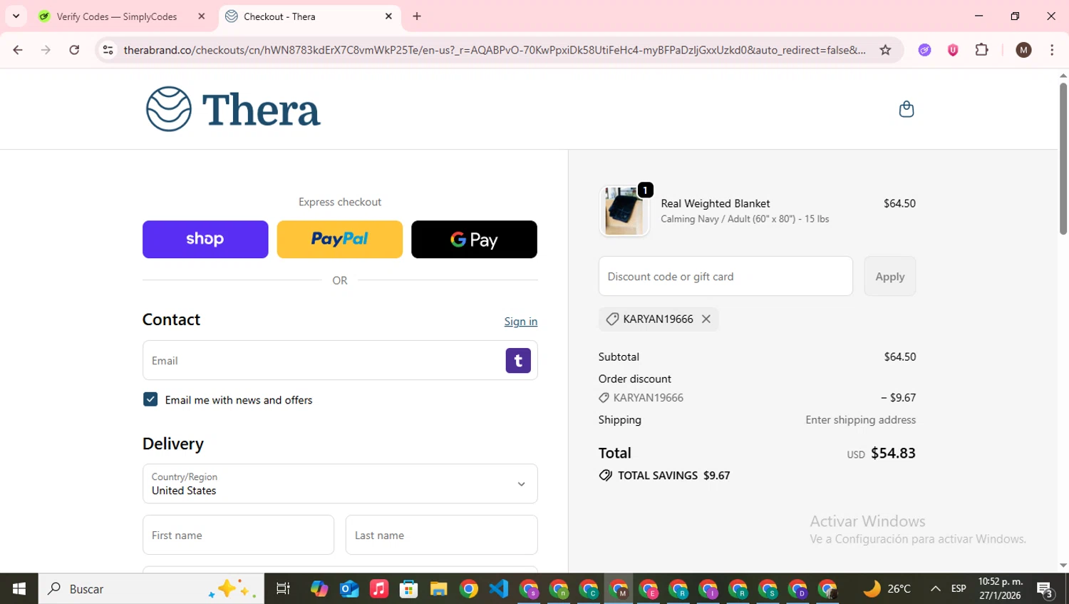 Thera checkout page showing Thera discount code box | Screenshot taken by SimplyCodes community member on Jan 28, 2026