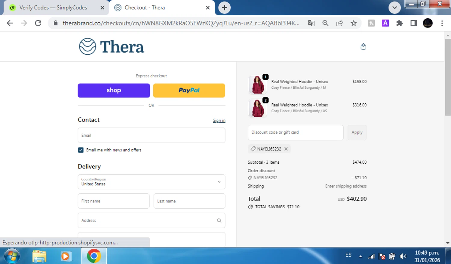 Thera checkout page showing Thera discount code box | Screenshot taken by SimplyCodes community member on Feb 1, 2026