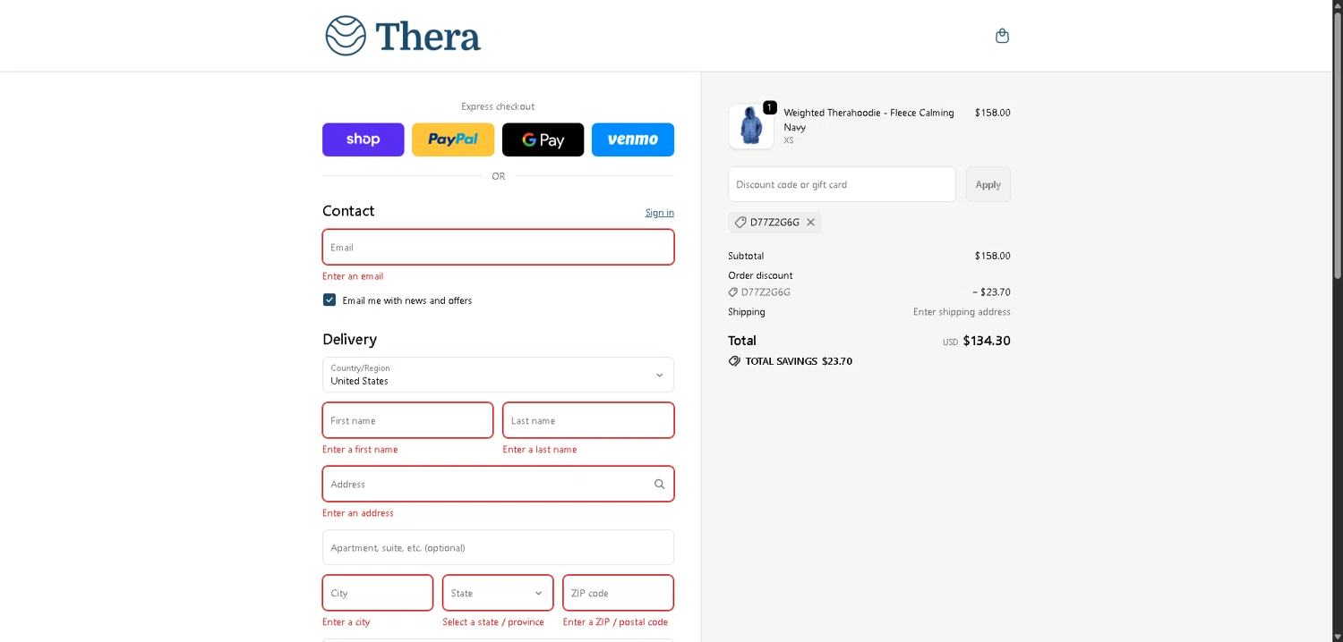 Thera checkout page showing Thera discount code box | Screenshot taken by SimplyCodes community member on Feb 3, 2026