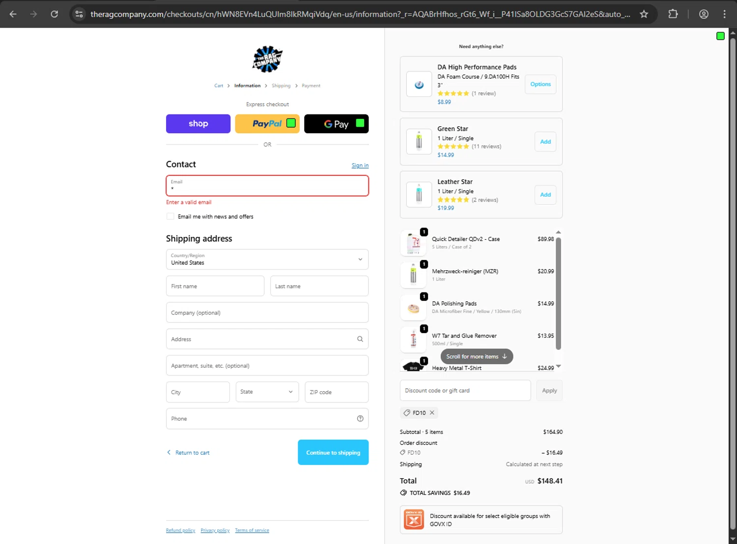The Rag Company discount code screenshot showing code FD10 applied at The Rag Company checkout page. Uploaded by SimplyCodes community member RINITOSHI on Jan 31, 2026