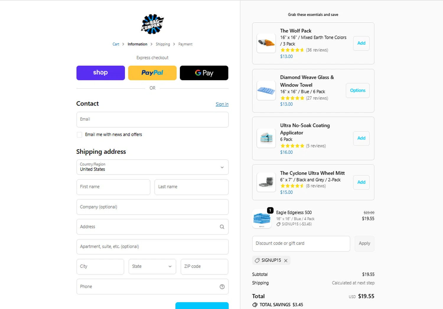 The Rag Company discount code screenshot showing code SIGNUP15 applied at The Rag Company checkout page. Uploaded by SimplyCodes community member ylenisjordan on Dec 10, 2025