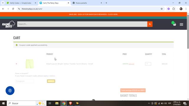 The Rainy Days checkout page showing The Rainy Days discount code box | Screenshot taken by SimplyCodes community member on Jun 27, 2025