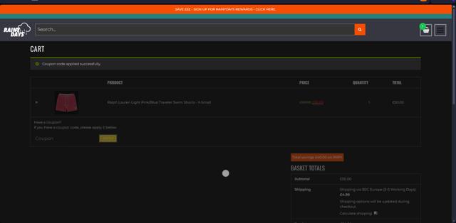 The Rainy Days checkout page showing The Rainy Days discount code box | Screenshot taken by SimplyCodes community member on Nov 27, 2024