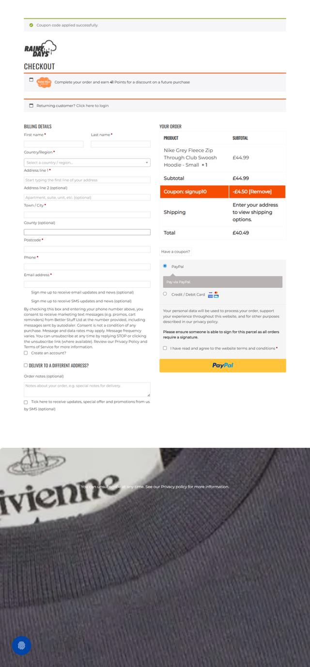 The Rainy Days checkout page showing The Rainy Days discount code box | Screenshot taken by SimplyCodes community member on Aug 18, 2025