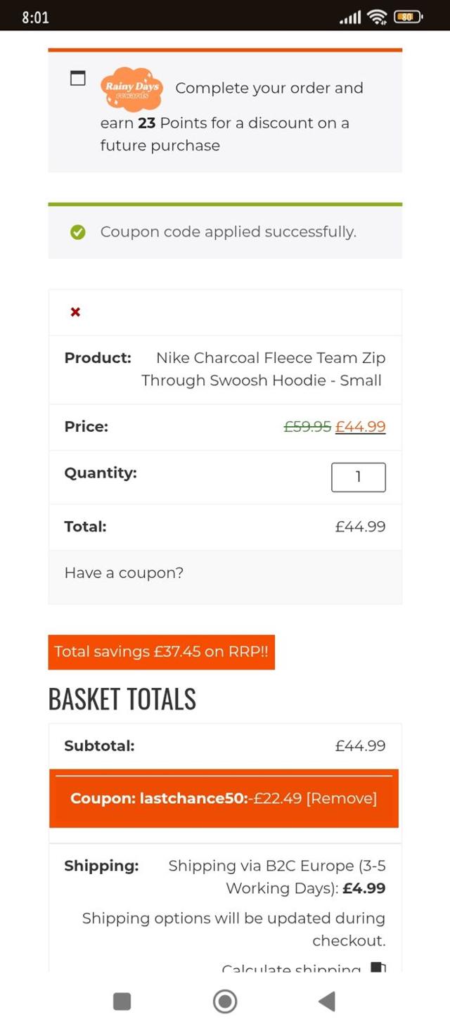 The Rainy Days checkout page showing The Rainy Days discount code box | Screenshot taken by SimplyCodes community member on Jan 28, 2025