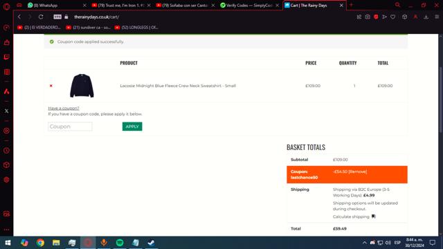 The Rainy Days checkout page showing The Rainy Days discount code box | Screenshot taken by SimplyCodes community member on Dec 30, 2024