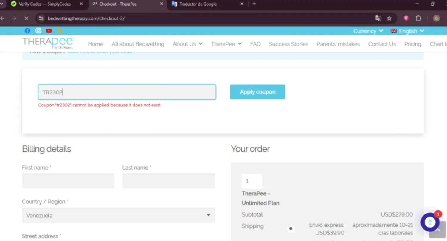 TheraPee coupon code screenshot showing code TR2302 applied at TheraPee checkout page. Uploaded by SimplyCodes community member lyffytaro on Dec 10, 2025