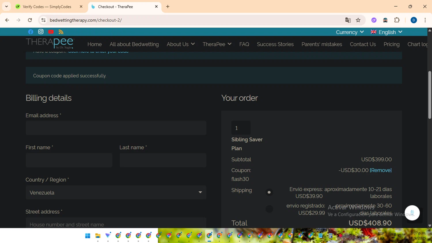 TheraPee coupon code screenshot showing code FLASH30 applied at TheraPee checkout page. Uploaded by SimplyCodes community member DealVoyager8768 on Sep 20, 2025