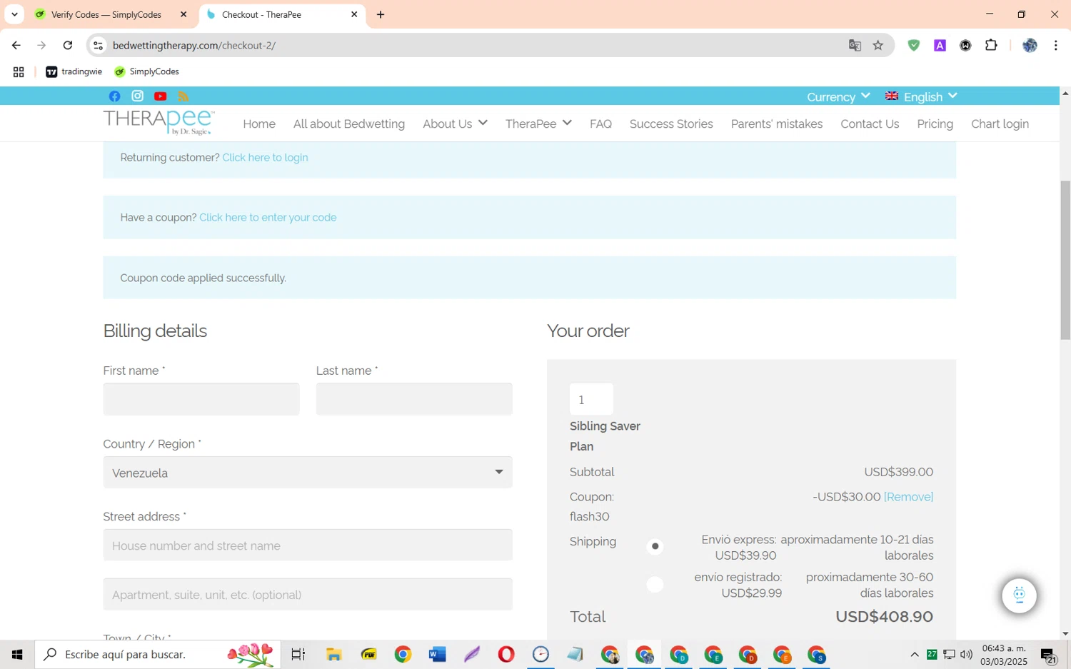 TheraPee coupon code screenshot showing code FLASH30 applied at TheraPee checkout page. Uploaded by SimplyCodes community member JoseH45 on Mar 3, 2025