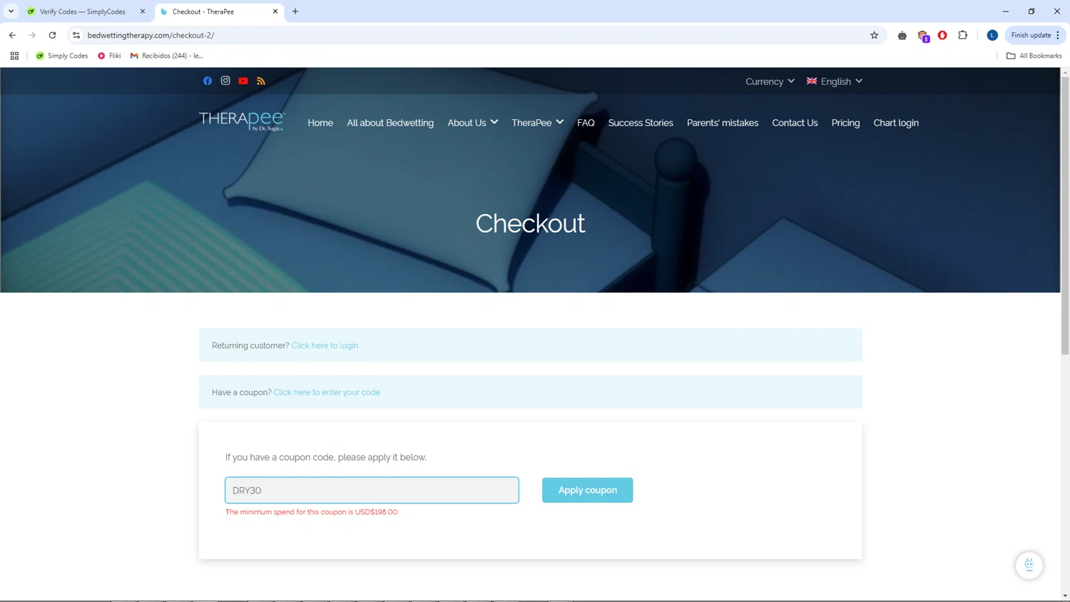 TheraPee coupon code screenshot showing code DRY30 applied at TheraPee checkout page. Uploaded by SimplyCodes community member CrownPhoenix1648 on Mar 21, 2025
