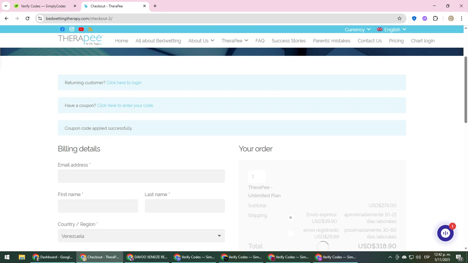 TheraPee coupon code screenshot showing code DRYFOREVER applied at TheraPee checkout page. Uploaded by SimplyCodes community member NobleScholar4826 on Nov 5, 2025