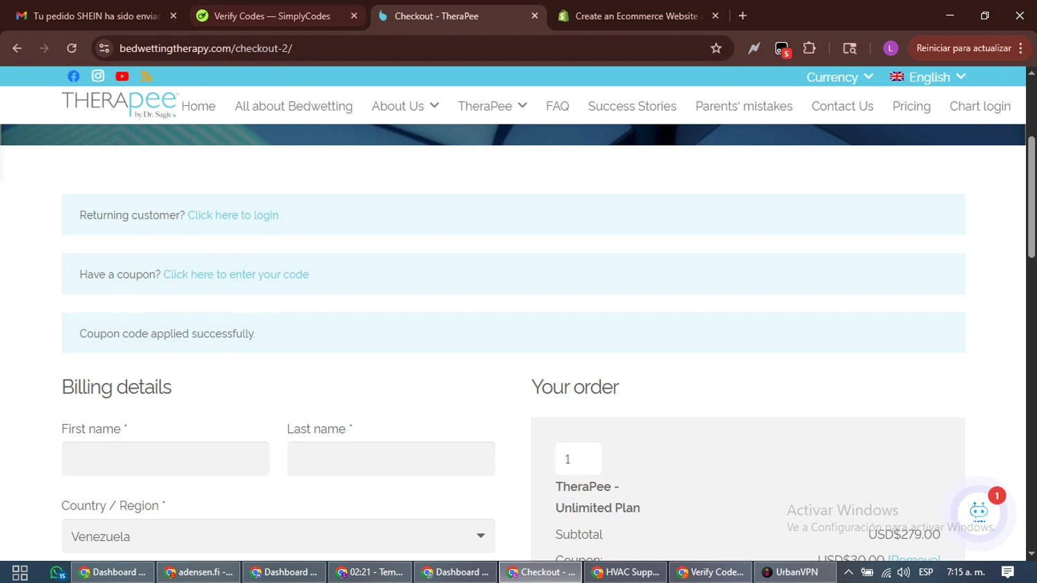 TheraPee checkout page showing TheraPee coupon code box | Screenshot taken by SimplyCodes community member on Jan 31, 2026