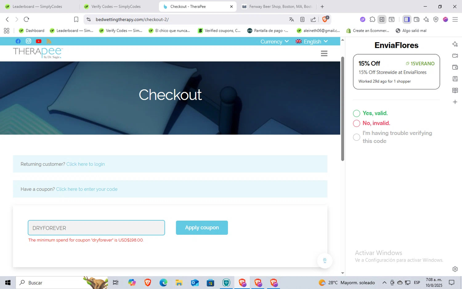 TheraPee coupon code screenshot showing code DRYFOREVER applied at TheraPee checkout page. Uploaded by SimplyCodes community member Rayyyyyy on Aug 10, 2025