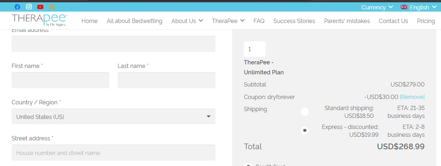 TheraPee coupon code screenshot showing code DRYFOREVER applied at TheraPee checkout page. Uploaded by SimplyCodes community member leiraM on Oct 7, 2025