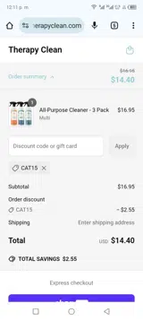 Therapy Clean coupon verification screenshot