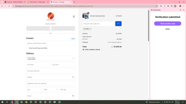 Therasage checkout page showing Therasage discount code box | Screenshot taken by SimplyCodes community member on Sep 6, 2025