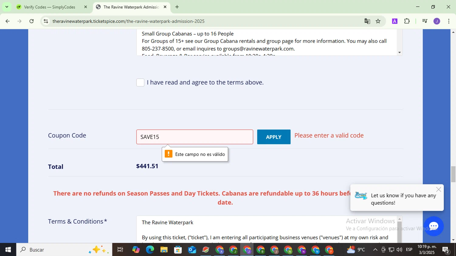 The Ravine Water Park promo code screenshot showing code SAVE15 applied at The Ravine Water Park checkout page. Uploaded by SimplyCodes community member PromoHunter9043 on Mar 4, 2025
