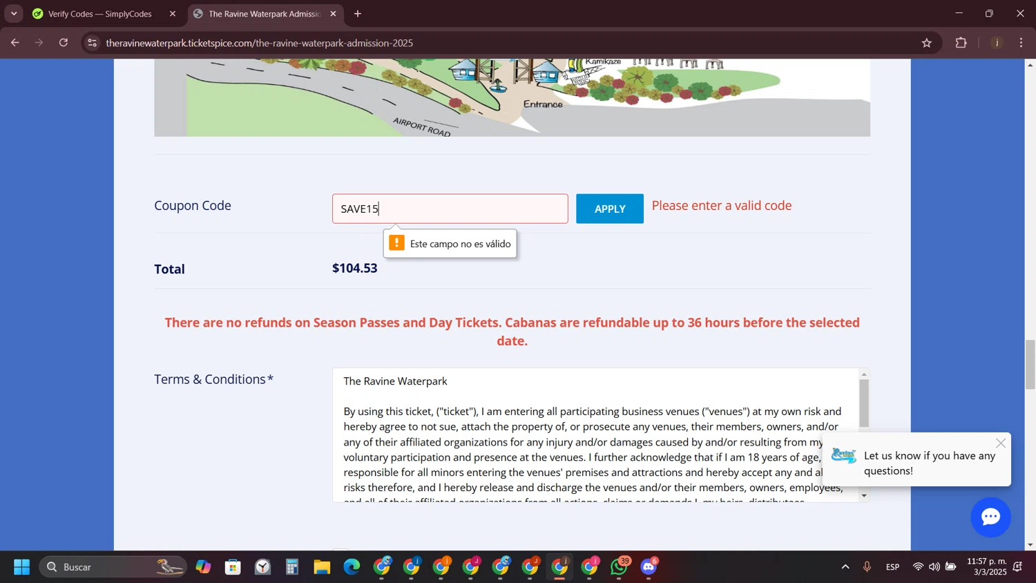 The Ravine Water Park promo code screenshot showing code SAVE15 applied at The Ravine Water Park checkout page. Uploaded by SimplyCodes community member VictoriousVirtuoso7711 on Mar 4, 2025