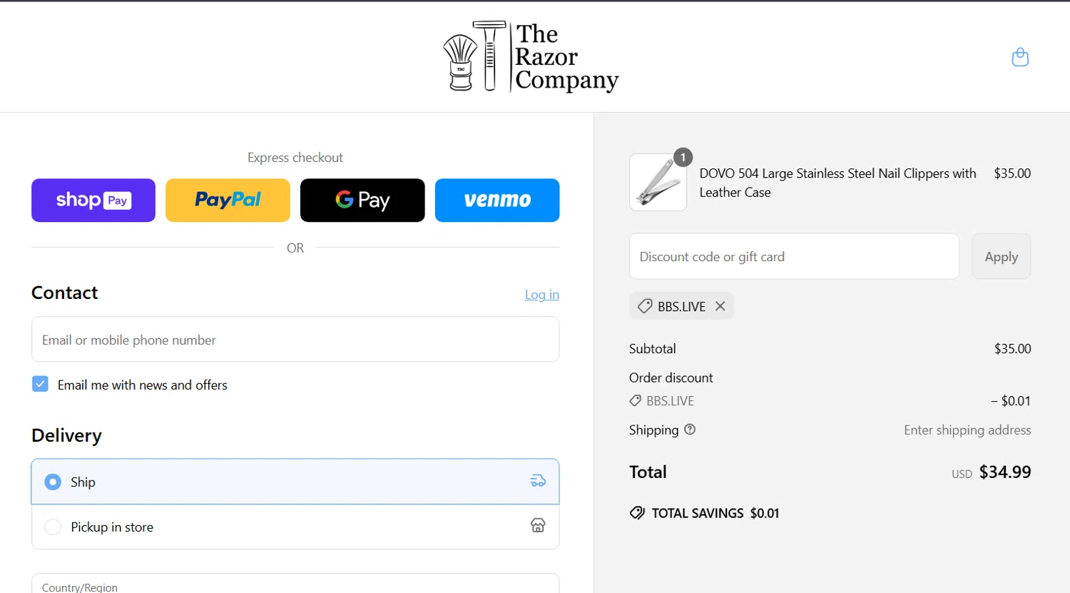 The Razor Company discount code screenshot showing code BBS.LIVE applied at The Razor Company checkout page. Uploaded by SimplyCodes community member Coolemorestt on Jun 14, 2025