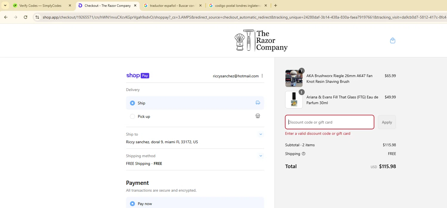 The Razor Company discount code screenshot showing code BBS.LIVE applied at The Razor Company checkout page. Uploaded by SimplyCodes community member ScanGenius949 on Aug 14, 2025