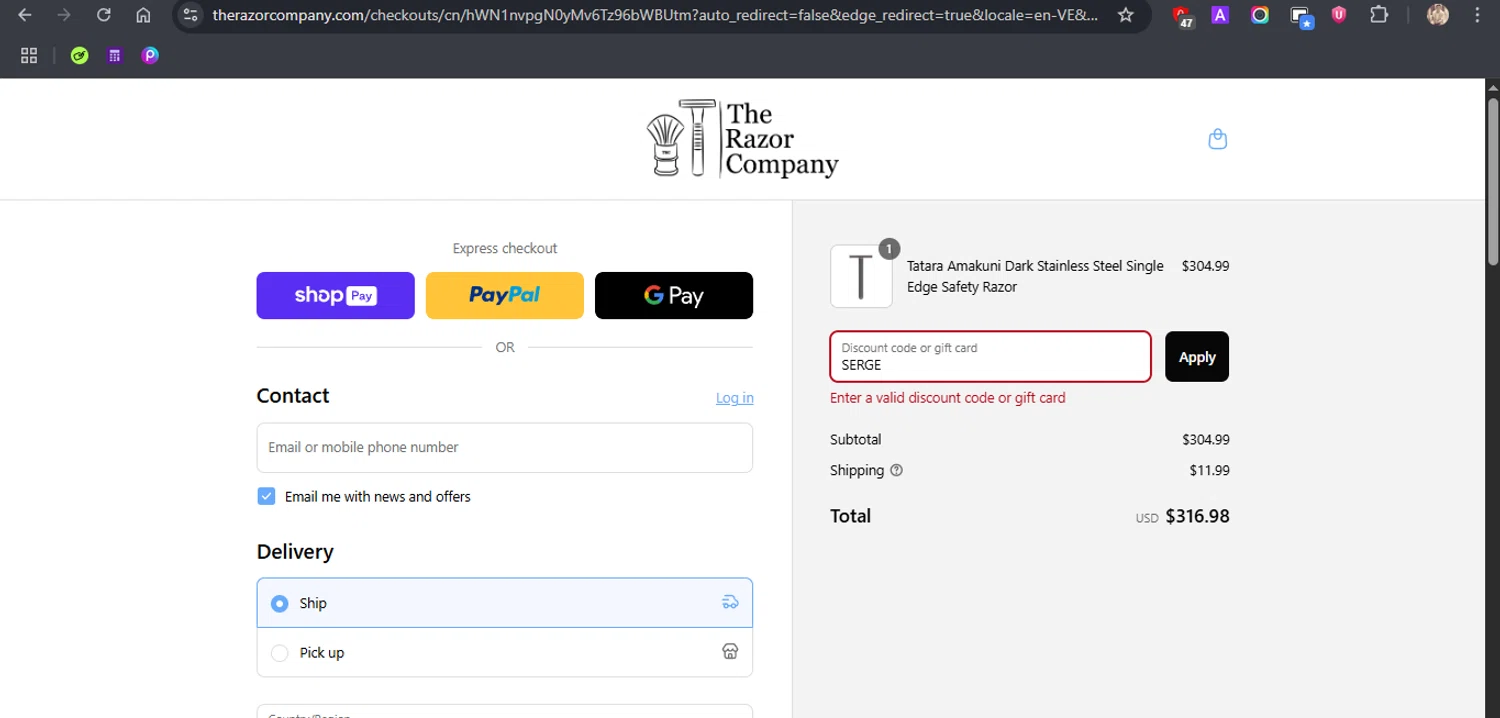 The Razor Company discount code screenshot showing code SERGE applied at The Razor Company checkout page. Uploaded by SimplyCodes community member ROCKSORD_2 on Aug 14, 2025