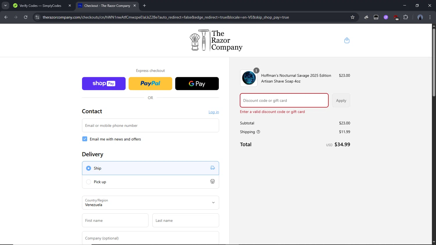 The Razor Company discount code screenshot showing code SERGE applied at The Razor Company checkout page. Uploaded by SimplyCodes community member Time_sin_filtro on Aug 14, 2025