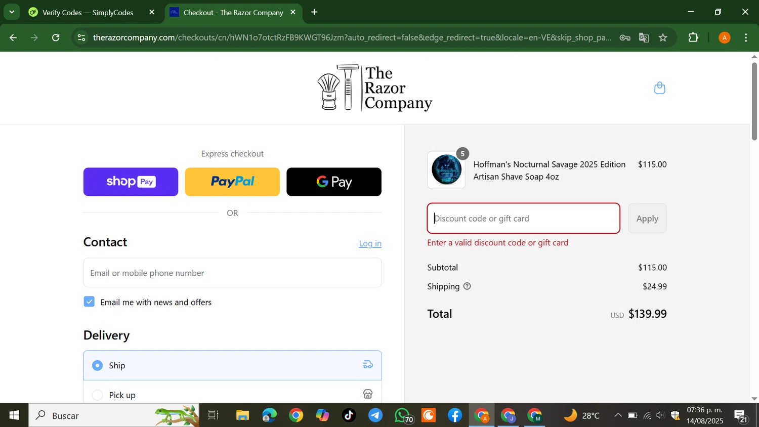 The Razor Company discount code screenshot showing code CAPEJOHN applied at The Razor Company checkout page. Uploaded by SimplyCodes community member AlfredoBonifacio on Aug 14, 2025