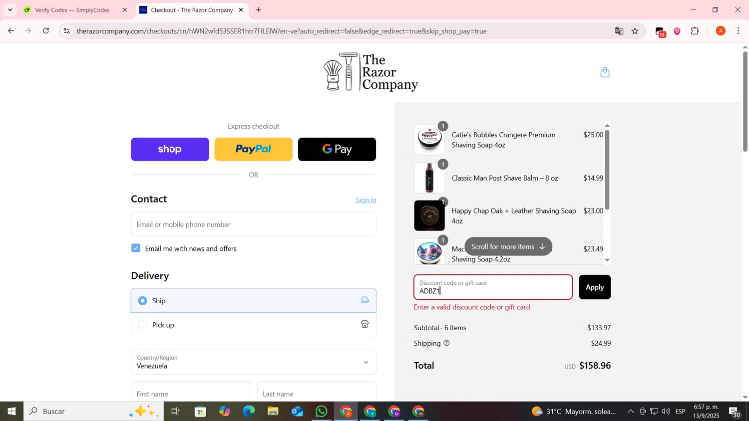 The Razor Company discount code screenshot showing code ADBZ1 applied at The Razor Company checkout page. Uploaded by SimplyCodes community member FrugalSentinel6206 on Sep 13, 2025