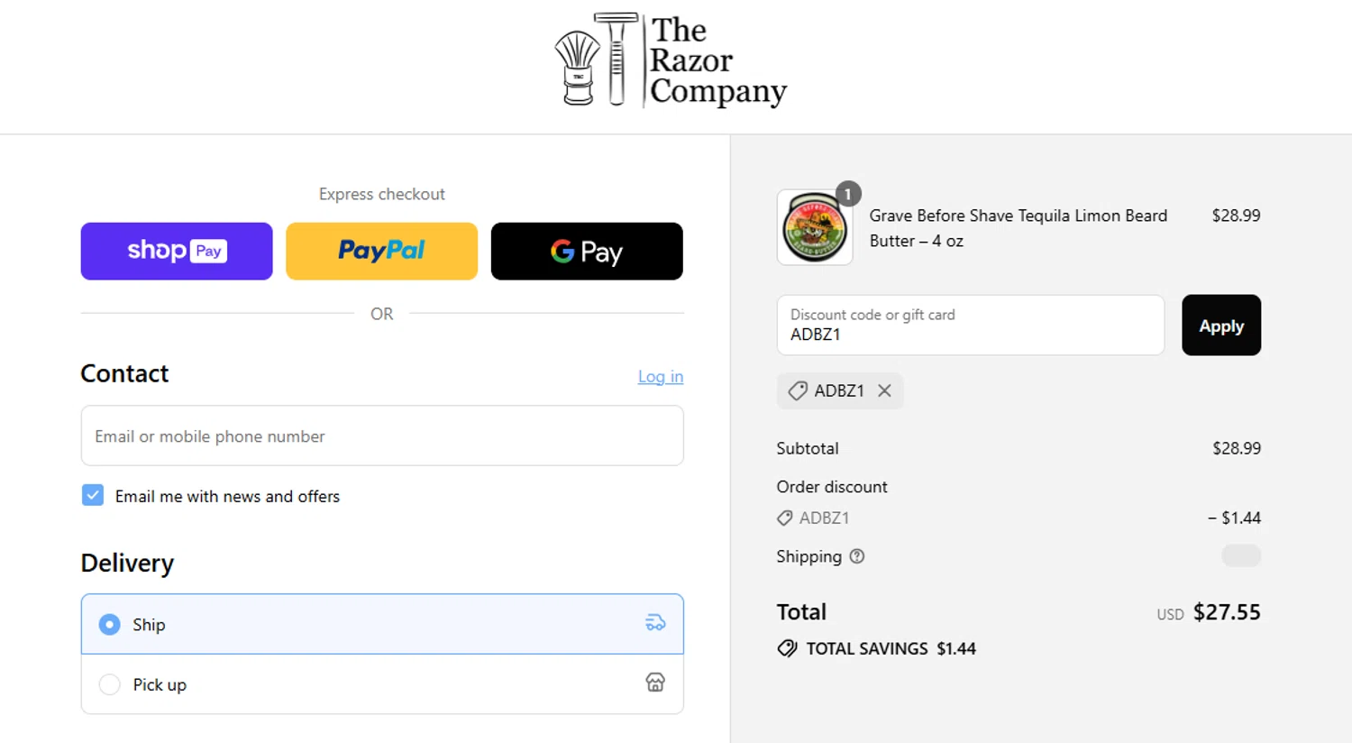 The Razor Company discount code screenshot showing code ADBZ1 applied at The Razor Company checkout page. Uploaded by SimplyCodes community member Sweety2021 on Aug 26, 2025