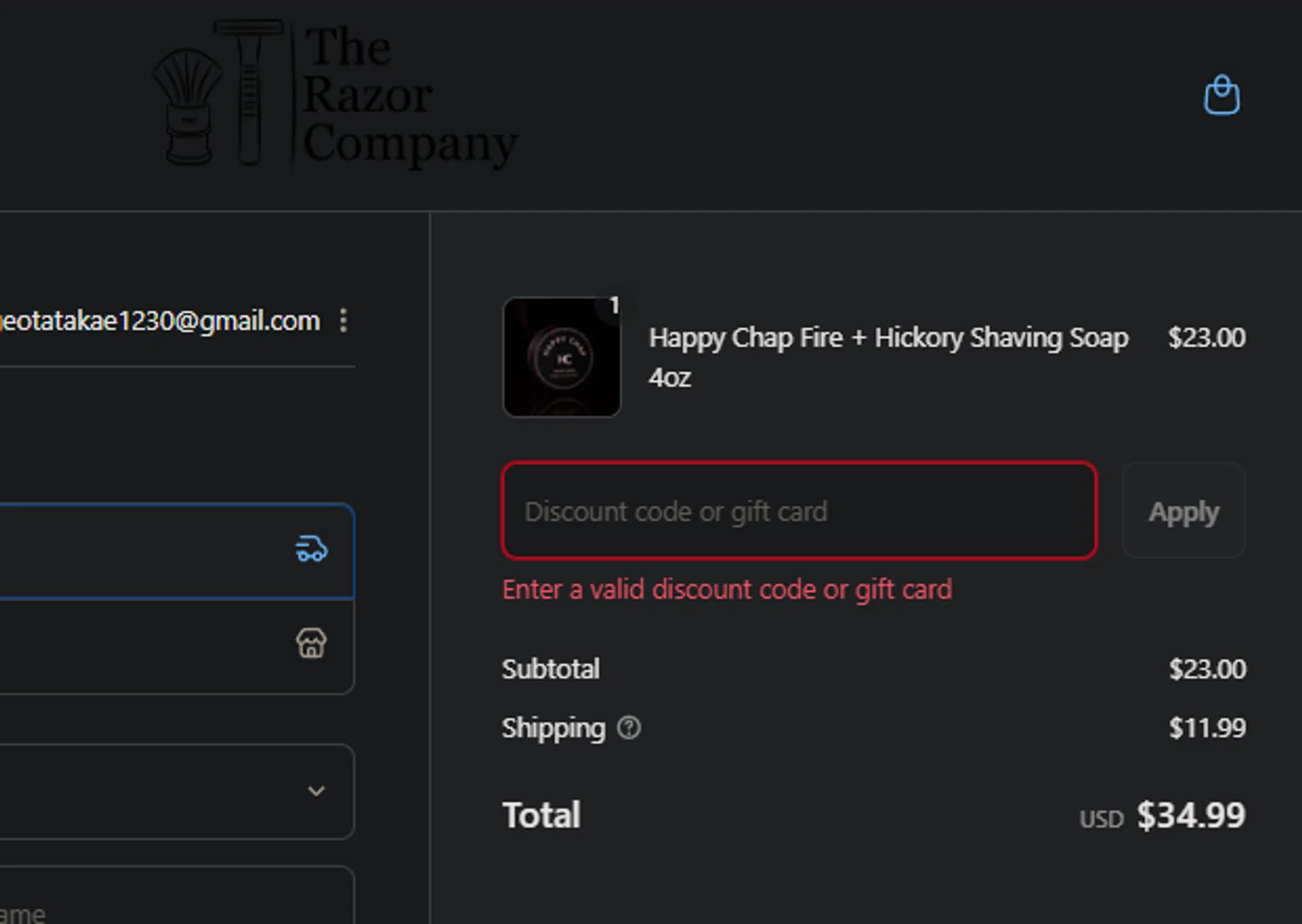 The Razor Company discount code screenshot showing code ADBZ5 applied at The Razor Company checkout page. Uploaded by SimplyCodes community member PedroNavaja on Sep 13, 2025