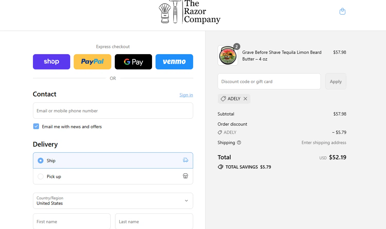 The Razor Company checkout page showing The Razor Company discount code box | Screenshot taken by SimplyCodes community member on Sep 14, 2025
