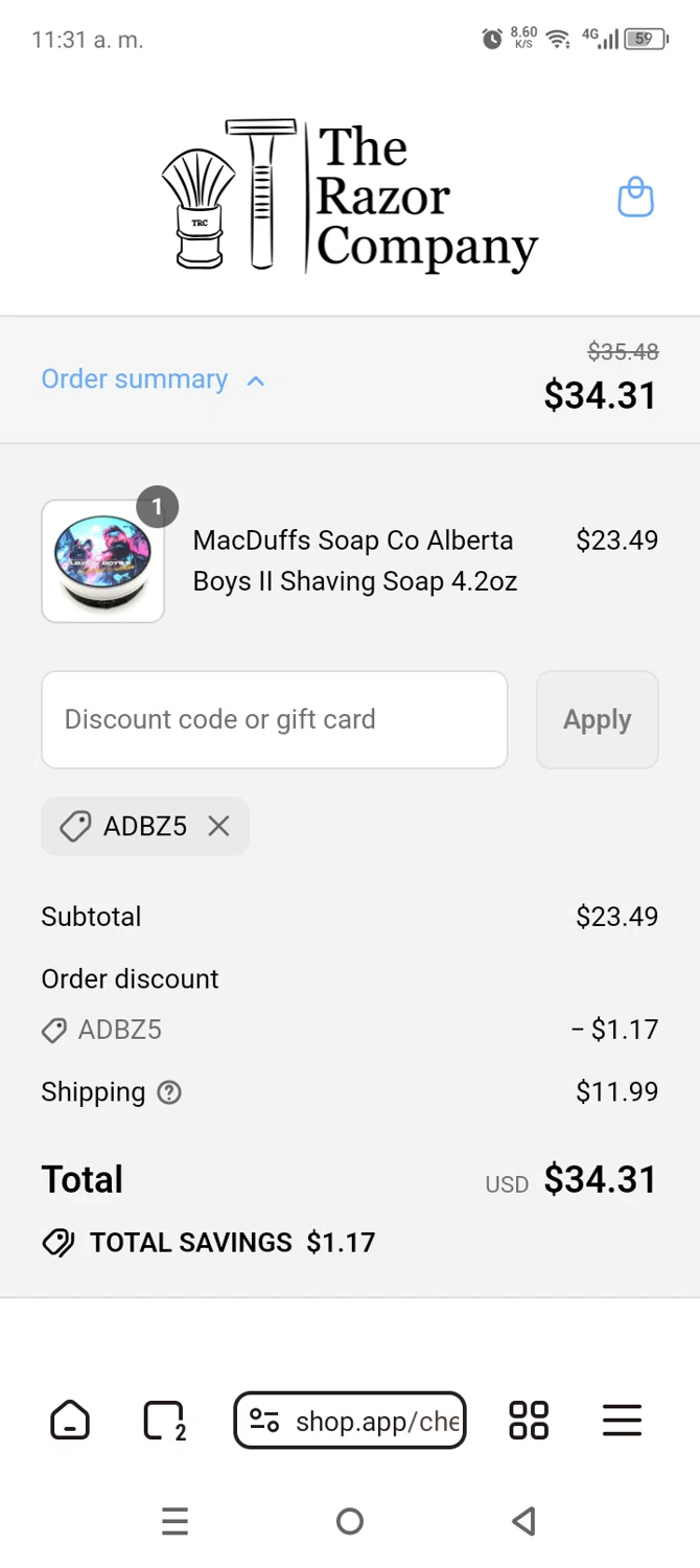 The Razor Company discount code screenshot showing code ADBZ5 applied at The Razor Company checkout page. Uploaded by SimplyCodes community member AnthonyGuapeton94 on Aug 27, 2025
