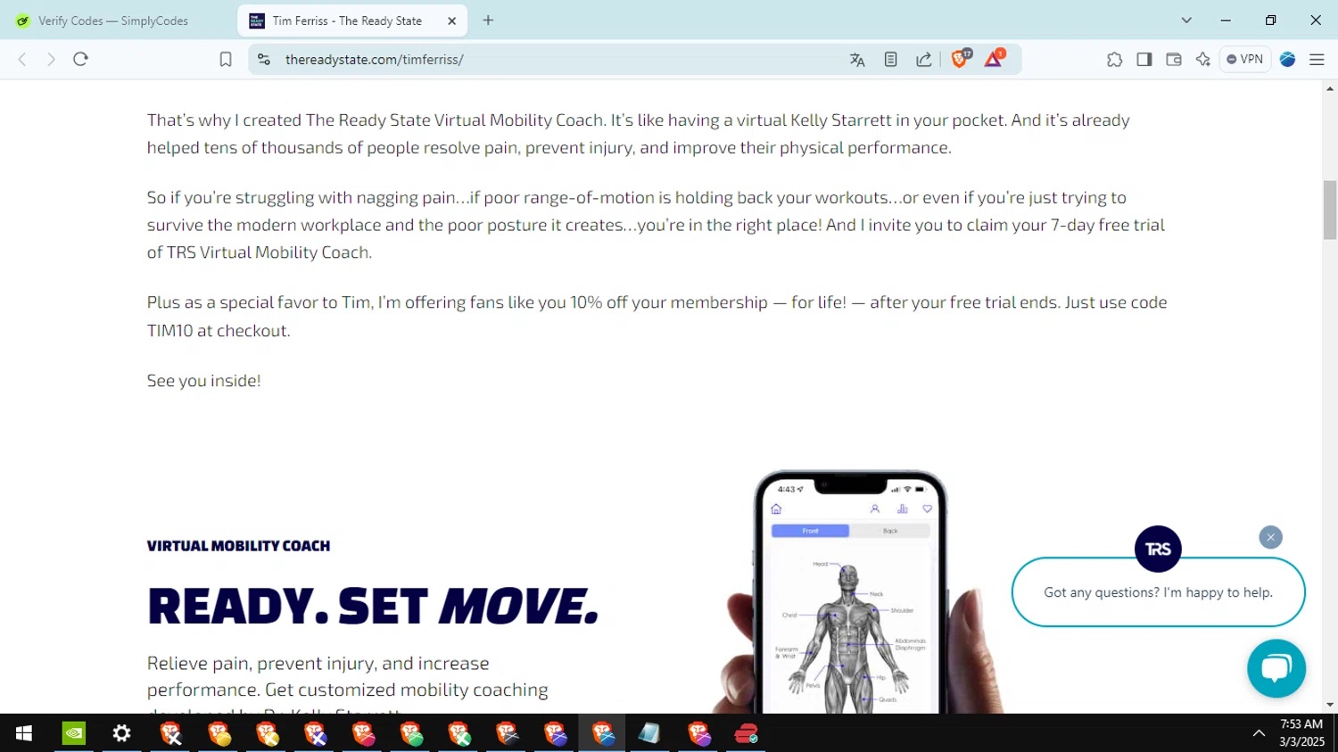 The Ready State coupon code screenshot showing code TIM10 applied at The Ready State checkout page. Uploaded by SimplyCodes community member fabianmartinez on Mar 3, 2025